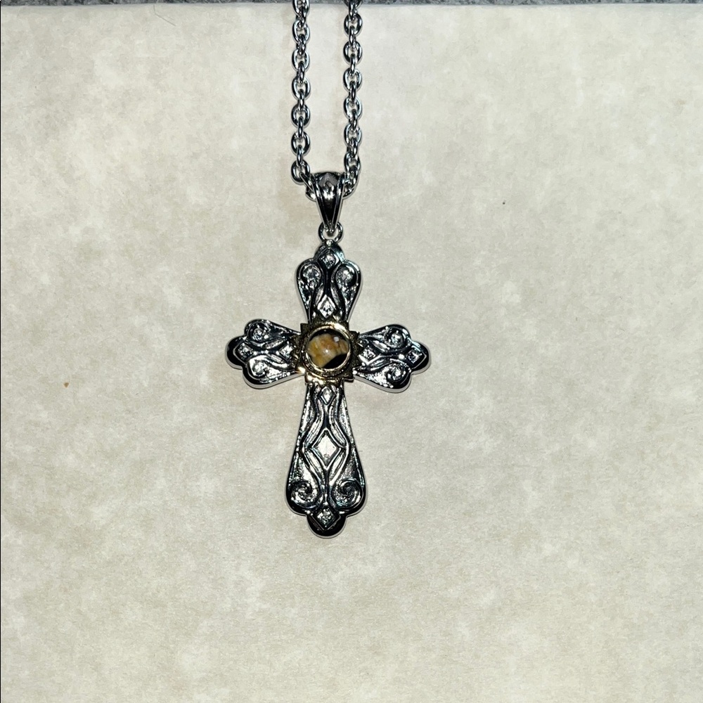 Intricate Silver and Gold Cross Necklace
